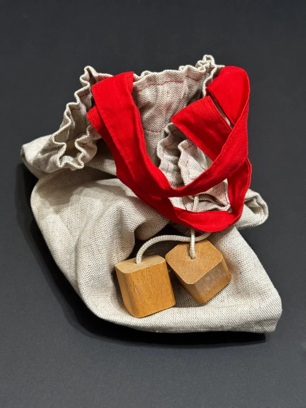 Double Handle Pouch Bag with Wood Block Aglet Drawcord, Natural Canvas